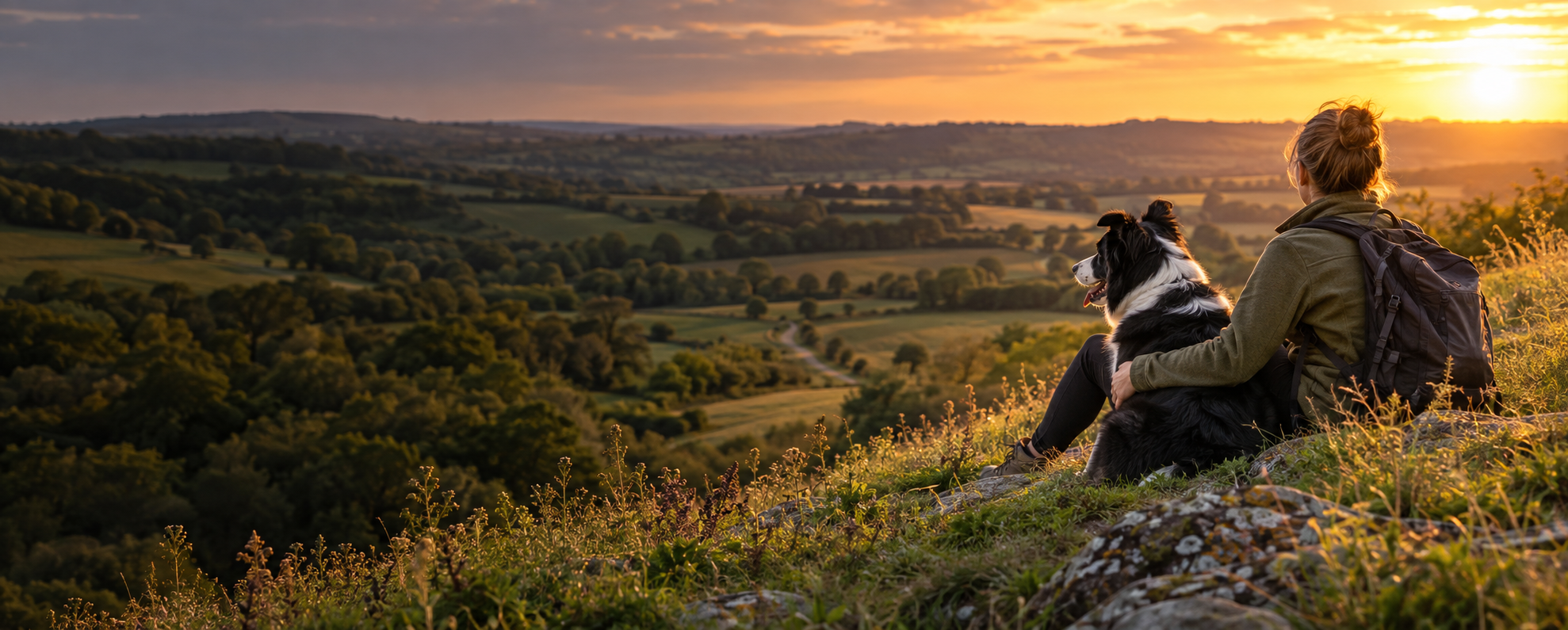 A dog and their person looking out across the countryside at sunset
